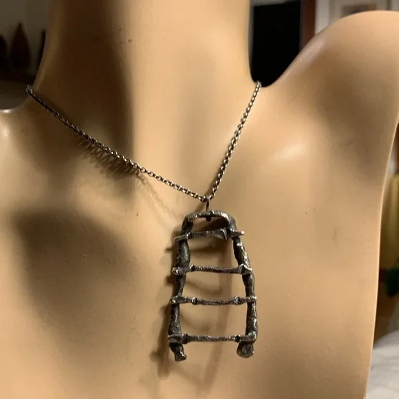 BRUTALIST MODERNIST RAW STEAMPUNK SILVERTONE PEWTER PENDANT AND CHAIN NECKLACE.